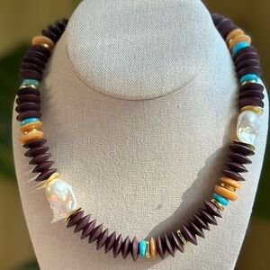 Nantucket Strand-Polished wood, pearls, amazonite Handmade in Charleston, SC